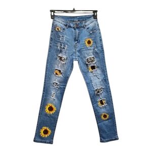 Sunflower & Leopard Print Distressed Cutout Patch Jeans Size M